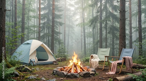 Cozy campsite with a tent, fire, and chairs surrounded by tall trees in a misty forest.