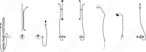 Bild auf Leinwand Technical architectural drawing collection showing various bathroom shower system configurations including slider bars, handheld showers, and wall-mounted fixtures