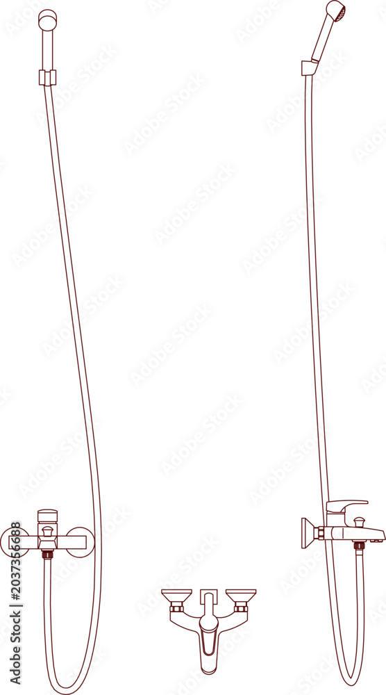 Obraz premium Technical drawing of a handheld shower sprayer and wall-mounted mixing valve assembly for professional bathroom interior design and plumbing planning.