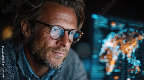 Business manager looking at a virtual screen, holographic supply chain map with logistics tracking dots, smart operations concept 
