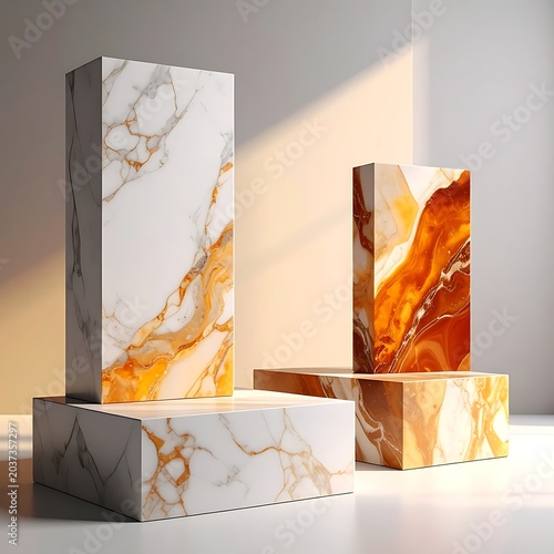 A minimalist arrangement of four marble-like rectangular blocks