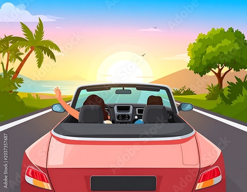 A person driving a red convertible car on a coastal road