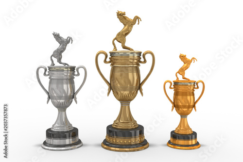 3d Pokal, Trophäe in Gold, Silber und Bronze mit Pferd bei einem Pferdeturnier, Pferderennen oder Pferdewettkampf. 3d Rendering. Freigestellt auf transparenten Hintergrund
