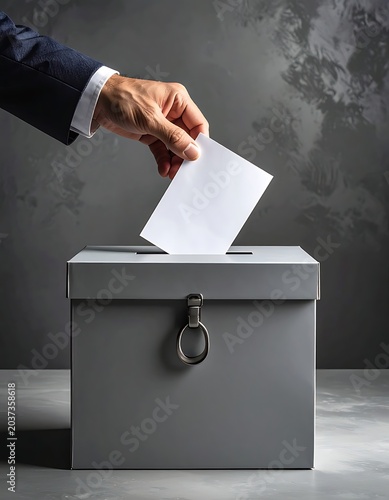 A hand in a suit inserting a ballot into a gray metal box