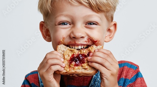 Joyful child with messy face eating a delicious peanut butter and jelly sandwich