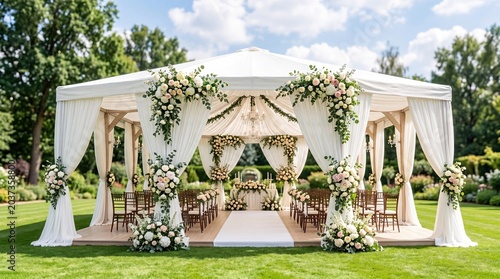 Elegant outdoor wedding setup with floral decorations and a beautiful pavilion.