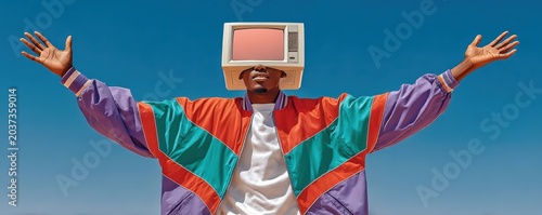 Man wearing vintage computer monitor helmet in colorful retro jacket raises arms outdoors against blue sky