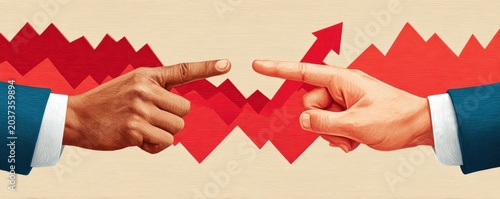 Business disagreement illustrated by two pointing hands and opposing market arrows indicating conflict and direction