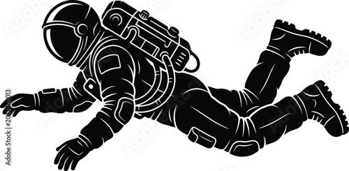 Astronaut floating in deep space vector silhouette graphic with zero gravity