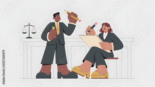Lawyer and Judge in Courtroom with Justice Scale Flat Illustration