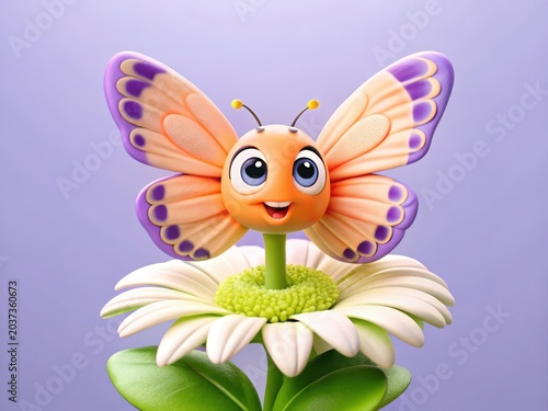 3D Cartoon Orange Butterfly with White Flower