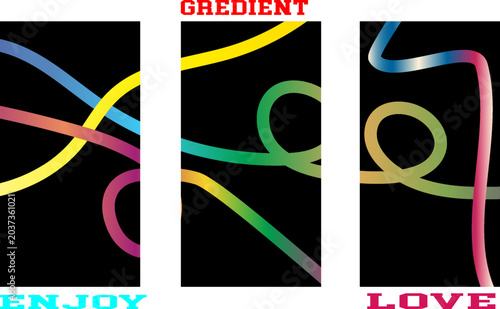 Abstract triptych with colorful glowing neon lines and motivational typography text obedient enjoy love abstract triptych