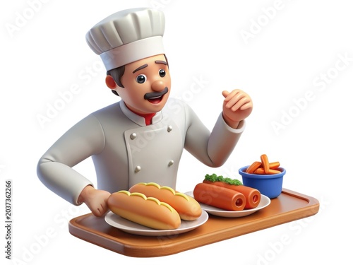 3D Animated Chef with Hot Dogs and Carrots