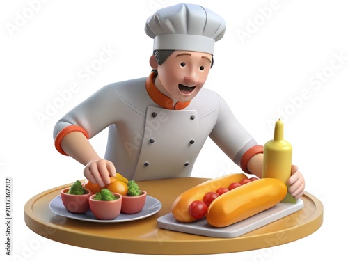 Chef Preparing Hot Dogs and Vegetables