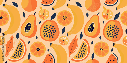 Canvastavla Tropical fruit pattern repeating illustration with papaya and citrus