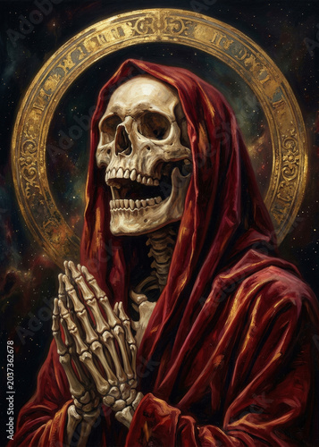 Praying Skeleton in a Red Hooded Robe with Golden Halo Dark Fantasy Portrait