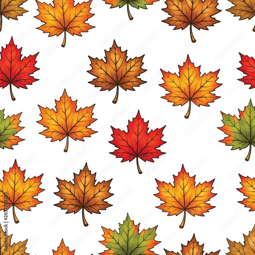 Fototapeta premium Bright watercolor maple leaves in rich autumn shades create a seamless fall pattern perfect for seasonal decor, fabric, wallpapers, packaging, Thanksgiving, and cozy designs.
