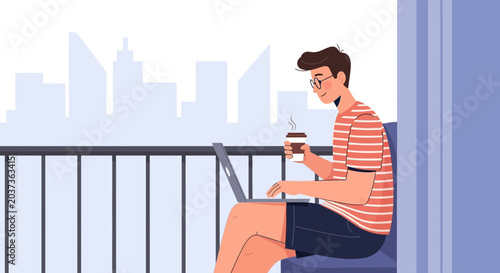 Young man working remotely on laptop with coffee on balcony, city skyline background