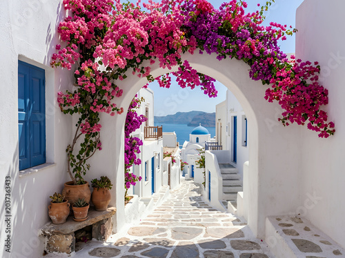 White mediterranean alleyway with pink bougainvillea flowers and blue accents white walls