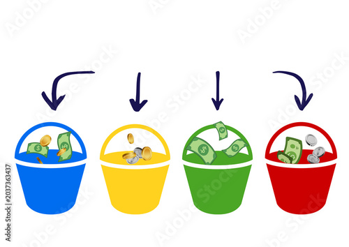 Canvastavla Arrows and money buckets - four buckets with currency falling in them and hand d