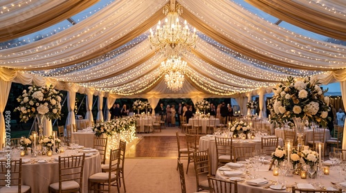 Elegant wedding reception with chandeliers, floral decorations, and soft lights.