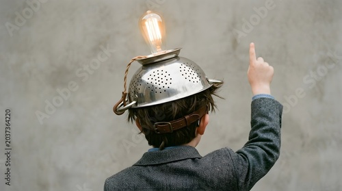 Creative child with colander helmet and lightbulb having an idea