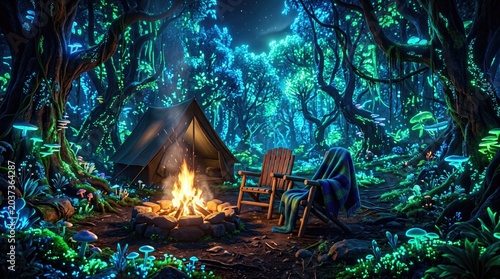 Enchanting camping scene with glowing mushrooms and a cozy fire in a mystical forest.