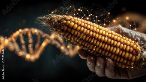 Close up of hand holding a corn cob, digital genetic dna helix structure glowing around it, gmo and biotechnology food research concept 