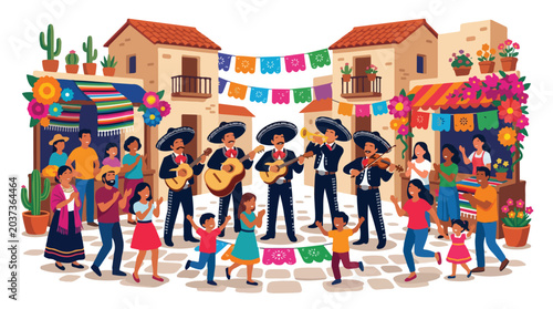Vibrant Mexican Festival Scene with Mariachi Band Performing and Diverse People Celebrating in a Colorful Town Square with Traditional Decorations