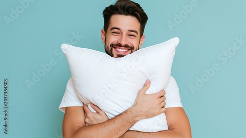 Young man happily hugging soft white pillow, finding comfort and good sleep, smiling enjoying well being and domestic relaxation