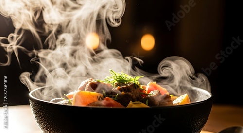 Steaming bowl of hearty beef stew with vegetables and fresh herbs, closeup view in a dark, cozy restaurant setting