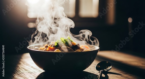 A steaming bowl of hearty vegetable stew served on a rustic wooden table with a spoon, captured in warm, dramatic backlighting