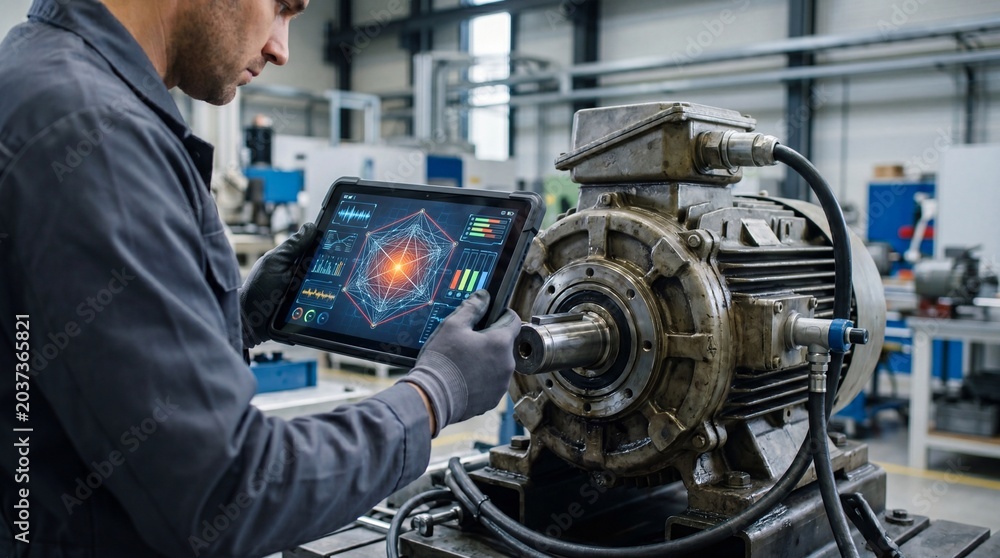 Fototapeta premium Engineer using tablet to analyze motor performance in a modern industrial workshop.