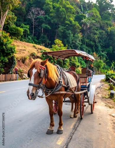 A horse-drawn carriage on a scenic road
