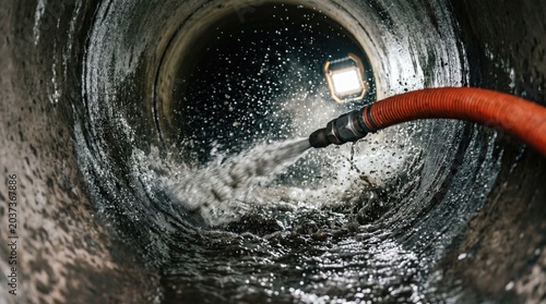 Maintenance severed main sewer pipe hydro jet cleaning concept. High-pressure water flow in a dark drainage pipe illuminating the wet interior.
