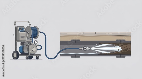 Maintenance severed main sewer pipe hydro jet cleaning concept. High-pressure water jetting equipment cleaning underground pipes and surfaces.