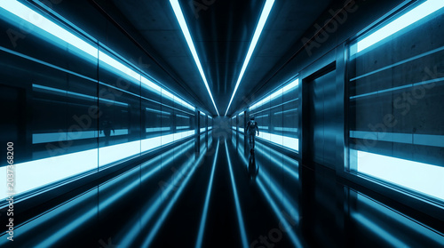 Futuristic neon-lit tunnel with dynamic light beams and industrial architecture