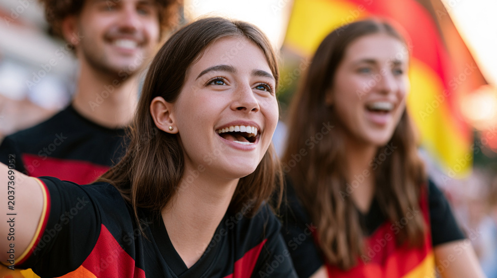 Fototapeta premium Emotional German Woman Football Fan Celebrating Dramatic Victory in Black Red and Gold Jersey