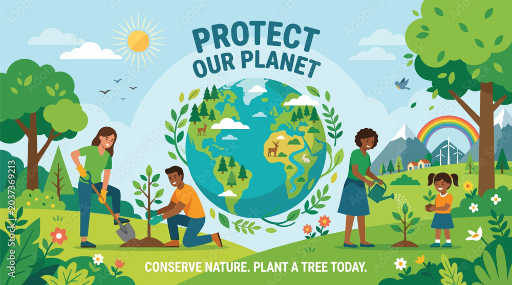 Fototapeta premium Protect Our Planet Banner with Volunteers and Family Planting Trees for Reforestation Vector Illustration