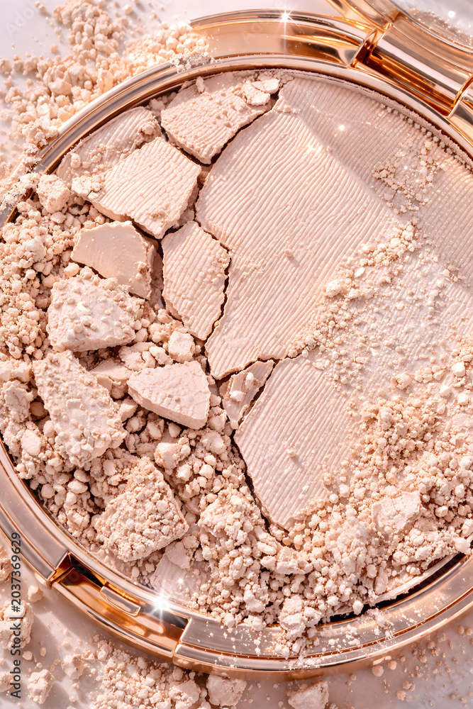 Fototapeta premium Broken pressed face powder compact with scattered beige powder and soft sparkle, delicate beauty product texture