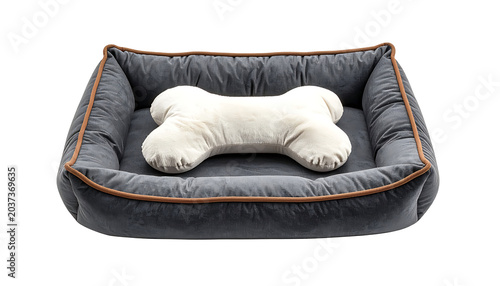 Comfortable dog bed with bone-shaped pillow, plush grey fabric with orange trim, perfect for pet comfort and home decor