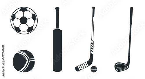 Sports equipment icons including soccer ball cricket bat american football hockey stick and golf club on white background