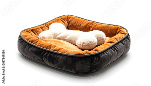 Comfy dog bed with a plush bone toy inside, providing a cozy resting place for pets, ideal for pet supplies and animal care concepts.