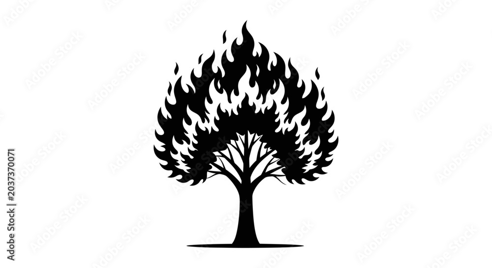 Εκτύπωση καμβά Black silhouette of a tree engulfed in flames on a white background symbolizing