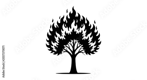 Bild auf Leinwand Black silhouette of a tree engulfed in flames on a white background symbolizing