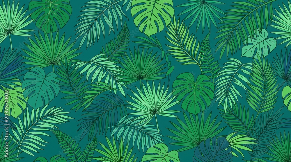 Detailed vector illustration of various tropical palm leaves and monstera foliage arranged in a seamless repeating pattern with vibrant green shades and clean black outline strokes.
