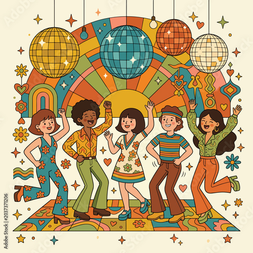 Vector Illustration of Young People Dancing at 1970s Inspired Disco Party in Retro Style with Bright Colors and Psychedelic Elements