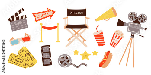 Cinematography and cinema set. Movie collection: camera, chair, ticket, soda, popcorn, 3D glasses, film reel and more.