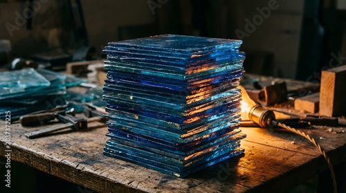 Stack of blue glass sheets on a wooden workbench, craft workshop, artisanal glasswork