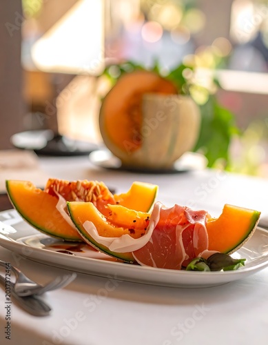 A plate of sliced melon and cured meat on a table